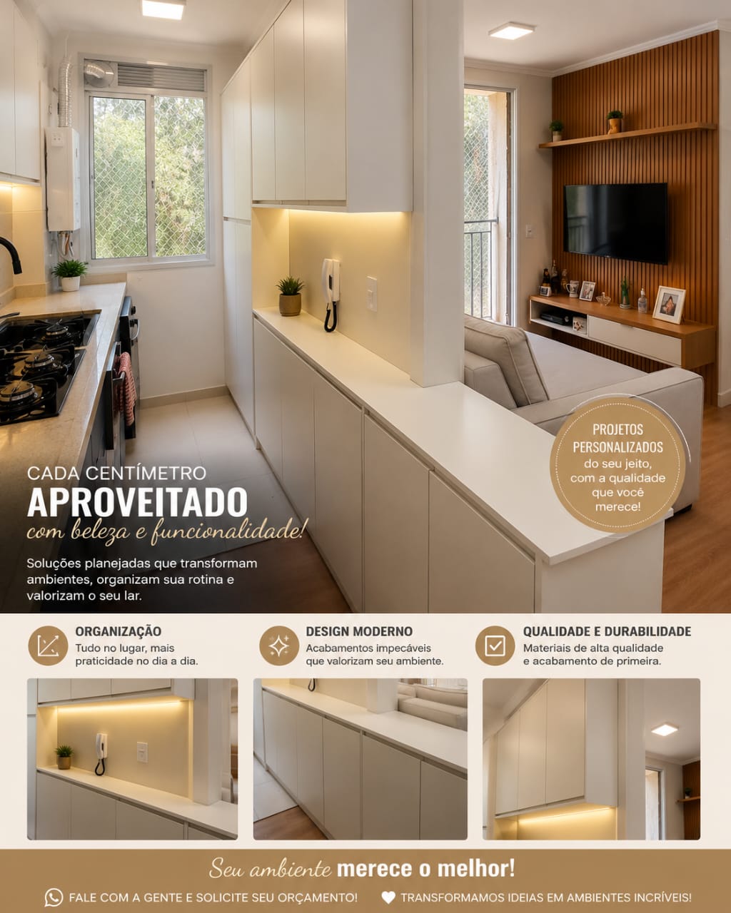 Cozinha integrada à sala com armários e painel ripado