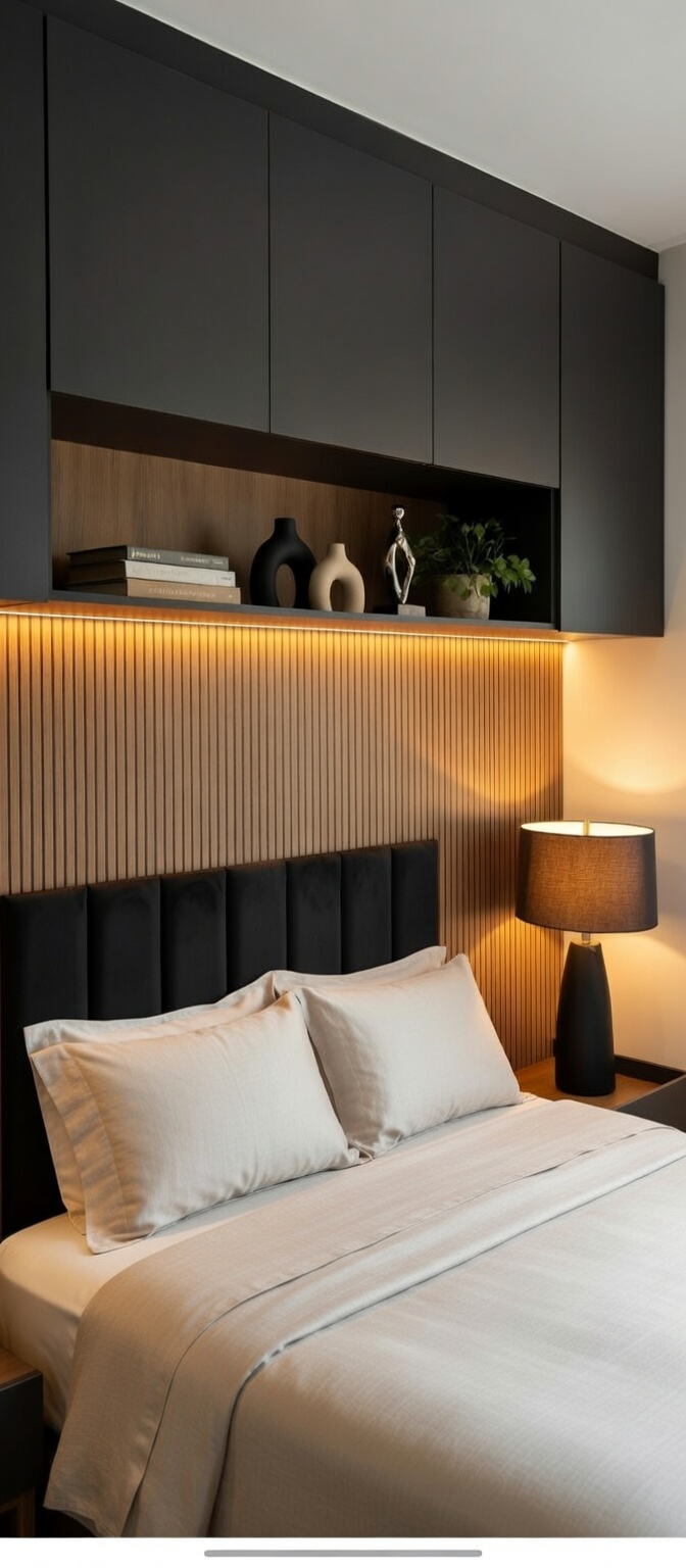 Quarto com cabeceira ripada, armários escuros e iluminação quente