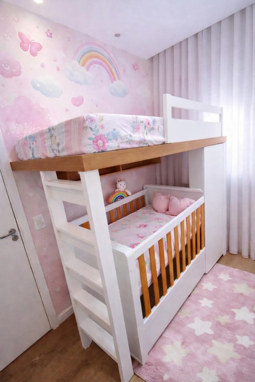 Beliche infantil branco com detalhes em madeira