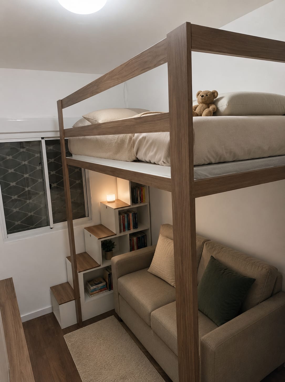 Quarto multifuncional com cama elevada, sofá e escada com nichos