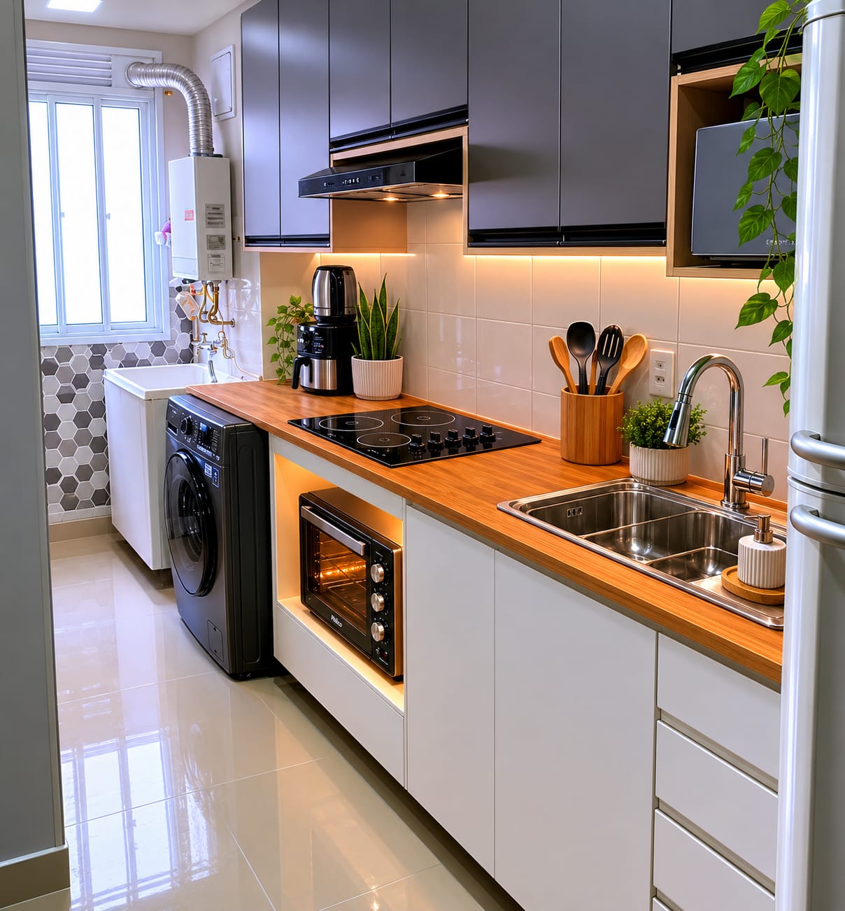 Cozinha planejada compacta com armários, bancada e iluminação