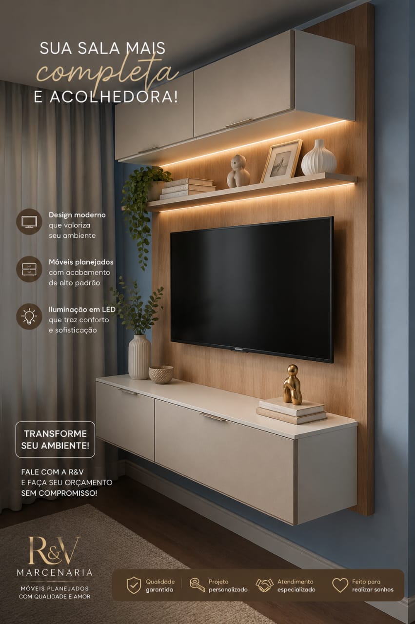 Painel de TV com armários, madeira e iluminação em LED